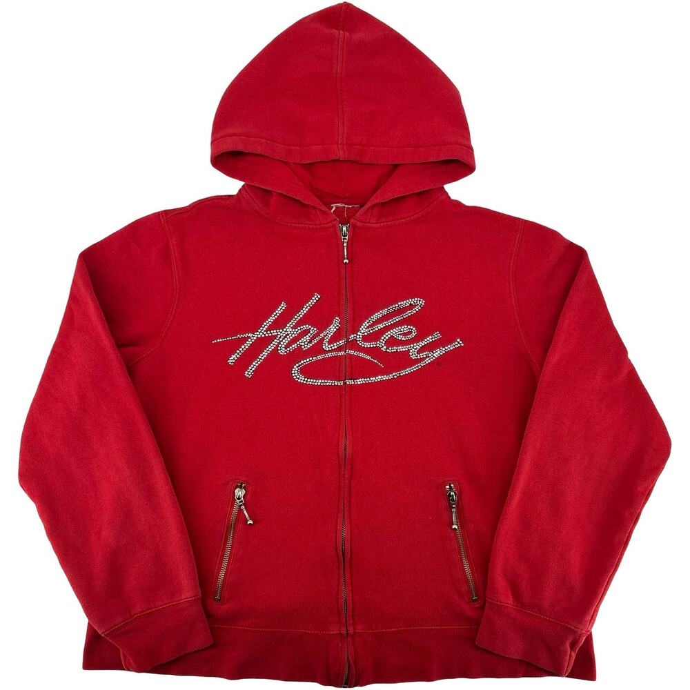 Vintage y2k Womens Red Bedazzled Harley Davidson Full Zip Hoodie Sweatshirt Sz L